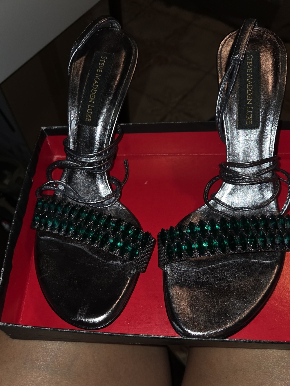 Steve Madden Black Strappy Heels with Emerald Green Bead Band